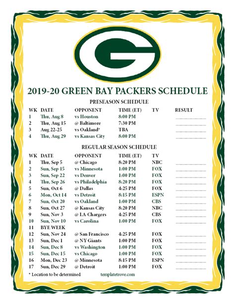 Printable Green Bay Packers Schedule